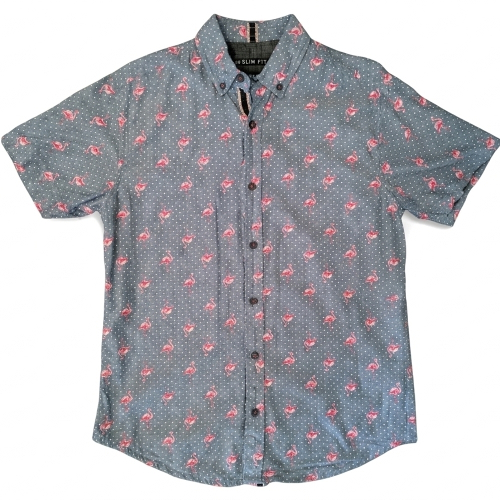 Raw Yarn Industries Men’s M Slim Fit Flamingo Print Shirt Blue Chambray Cotton